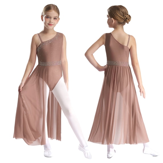 TiaoBug Kids Girls Sleeveless Strap Lyrical Contemporary Dance Dress Leotard with Wrap Skirt Dusty Pink 14
