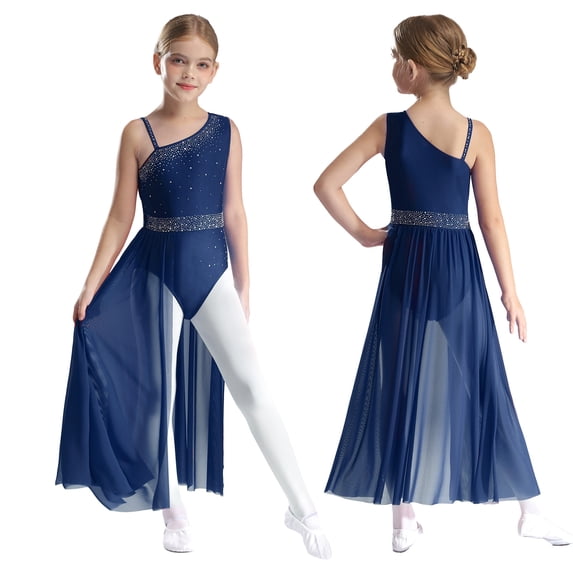 TiaoBug Kids Girls Sleeveless Strap Lyrical Contemporary Dance Dress Leotard with Wrap Skirt Navy Blue 6
