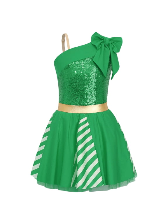 Kids Girls Sparkle Candy Cane Dance Figure Skating Dress Christmas Party Costume Green 16