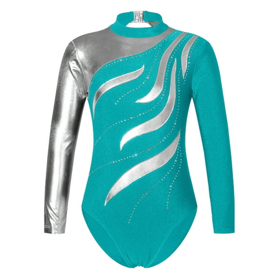 TiaoBug Kids Girls Sparkle Metallic Long Sleeve Gymnastics Leotard Unitard Tumbling Workout Ballet Dance Bodysuit Dancewear Lake Blue 12