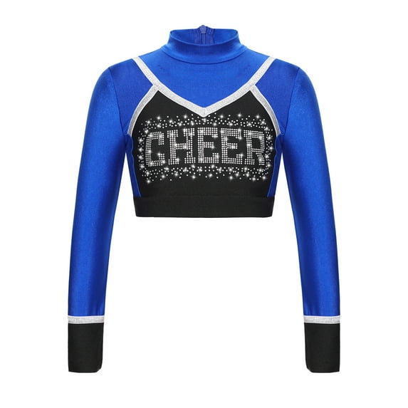 TiaoBug Kids Girls Sparkle Printed Cheerleading Dance Crop Tops Long Sleeve Tee Shirts Cheer Leader Uniform Dance Costume Blue 10