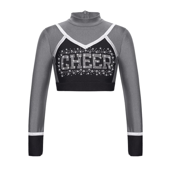 TiaoBug Kids Girls Sparkle Printed Cheerleading Dance Crop Tops Long Sleeve Tee Shirts Cheer Leader Uniform Dance Costume Gray 16