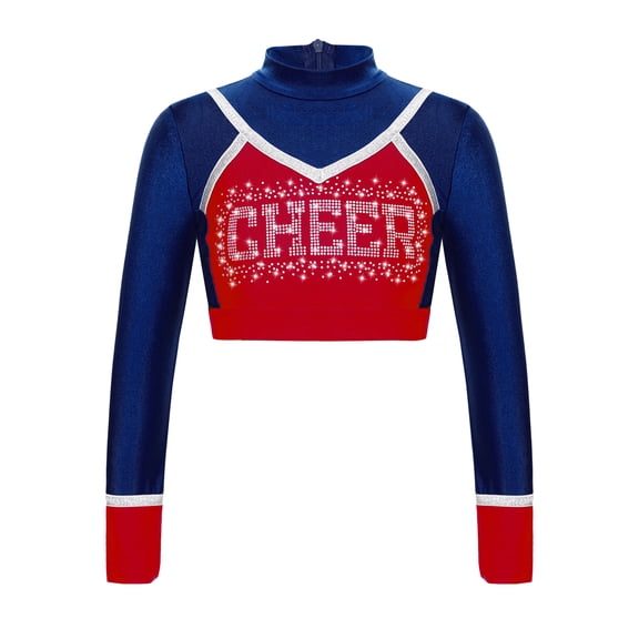 TiaoBug Kids Girls Sparkle Printed Cheerleading Dance Crop Tops Long Sleeve Tee Shirts Cheer Leader Uniform Dance Costume Navy Blue 8