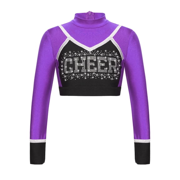 TiaoBug Kids Girls Sparkle Printed Cheerleading Dance Crop Tops Long Sleeve Tee Shirts Cheer Leader Uniform Dance Costume Purple 6