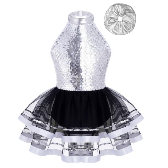 TiaoBug Kids Girls Sparkle Sequin Ballet Dance Dress Ballerina Leotard Mesh Tutu Skirt with Hairband Silver 16