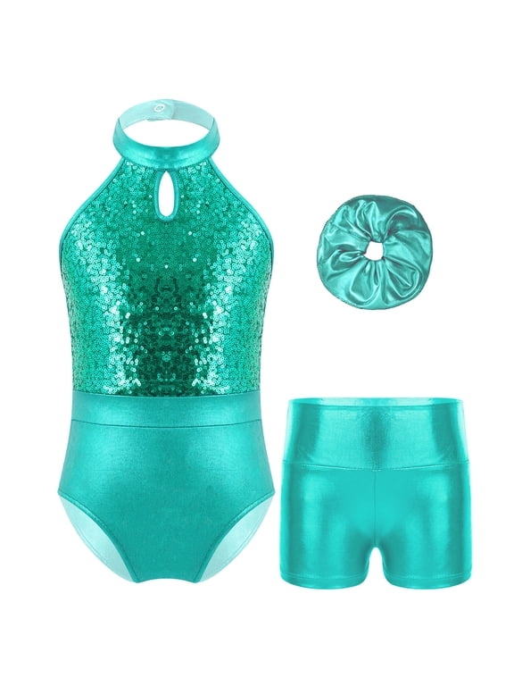 Kids Girls Sparkle Sequins Halter Neck Gymnastics Leotard Ballet Dance Bodysuit with Shorts Hair Band Set Blue Green 12