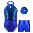 thumbnail image 1 of TiaoBug Kids Girls Sparkle Sequins Halter Neck Gymnastics Leotard Ballet Dance Bodysuit with Shorts Hair Band Set Royal Blue 12, 1 of 7