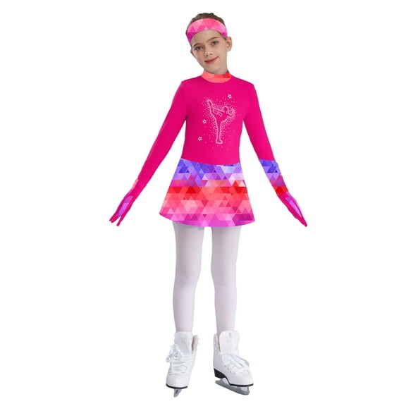 TiaoBug Kids Girls Sparkly Figure Ice Skating Leotard Dress Performance Dancewear Hot Pink 12