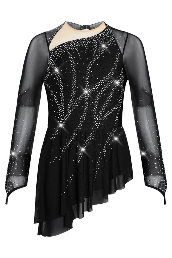Kids Girls Sparkly Figure Skating Dress Long Sleeve Modern Lyrical Dance Dress for Competitions Black 12