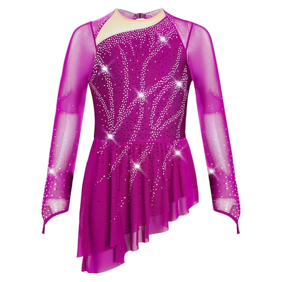 TiaoBug Kids Girls Sparkly Figure Skating Dress Long Sleeve Modern Lyrical Dance Dress for Competitions Hot Pink 6