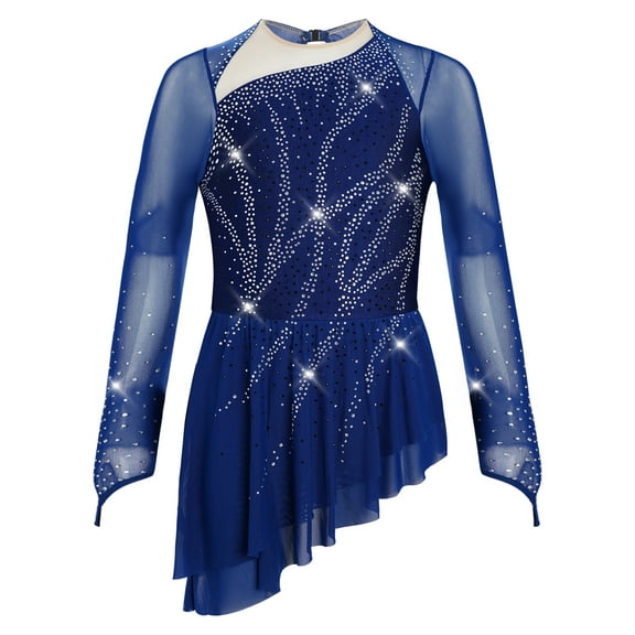 TiaoBug Kids Girls Sparkly Figure Skating Dress Long Sleeve Modern Lyrical Dance Dress for Competitions Navy Blue 12