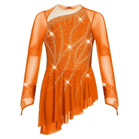 TiaoBug Kids Girls Sparkly Figure Skating Dress Long Sleeve Modern Lyrical Dance Dress for Competitions Orange 14