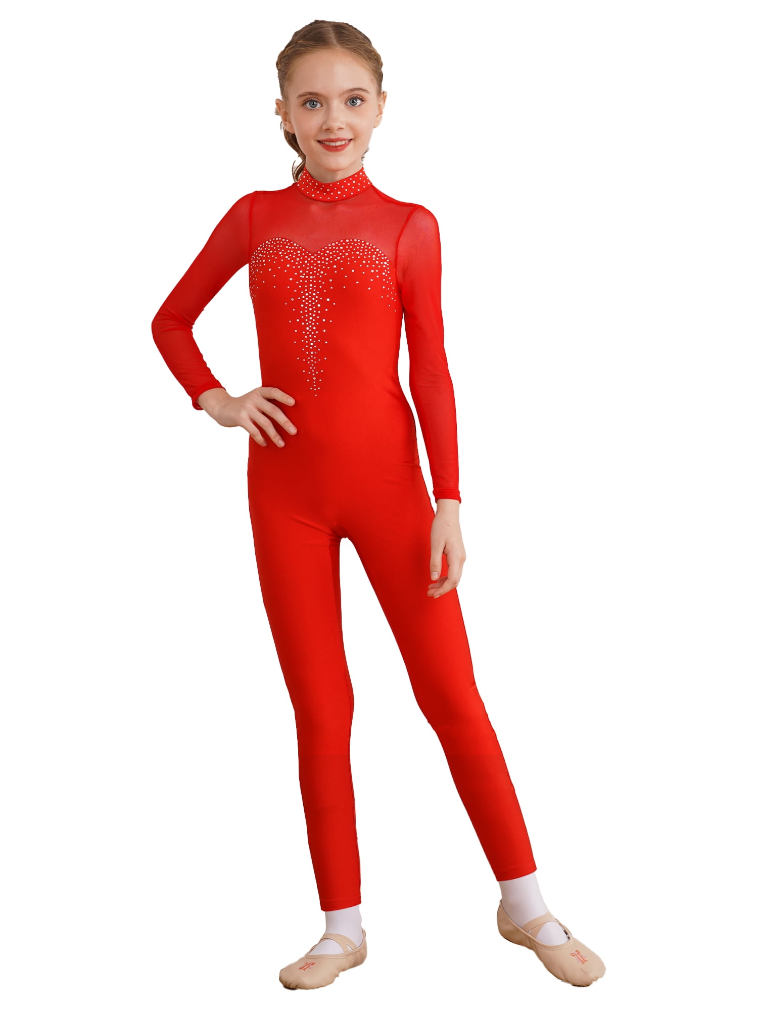 TiaoBug Kids Girls Sparkly Figure Skating Unitard Long Sleeve Full Body ...