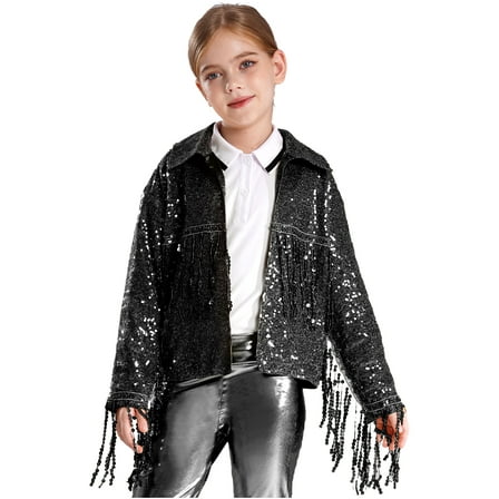 TiaoBug Kids Girls Sparkly Jacket Tassel Coat Long Sleeve Open Front Outerwear Tops Party Wear Black 16