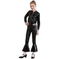 thumbnail image 1 of TiaoBug Kids Girls Sparkly Metallic Hip Hop Dance 2Pcs Outfits Long Sleeve Jacket Flared Pants Dancewear Black 14, 1 of 7