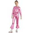 thumbnail image 1 of TiaoBug Kids Girls Sparkly Metallic Hip Hop Dance 2Pcs Outfits Long Sleeve Jacket Flared Pants Dancewear Pink 12, 1 of 7