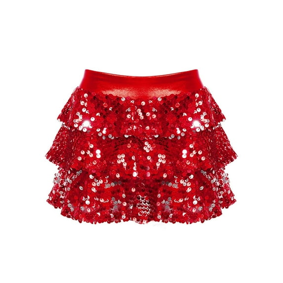 TiaoBug Kids Girls Sparkly Metallic Mini Skirt for Ballet Hip Hop Latin Jazz Belly Cheerleading Dance Costume Red 16