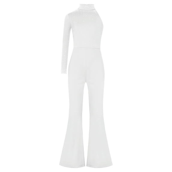 TiaoBug Kids Girls Sparkly Rhinestone Jumpsuit Single Long Sleeve Wide Leg Pants Romper Ivory 8