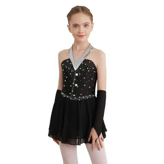 TiaoBug Kids Girls Sparkly Roller Figure Ice Skating Dress Mesh Splice Ballet Leotard with Gloves Black 10