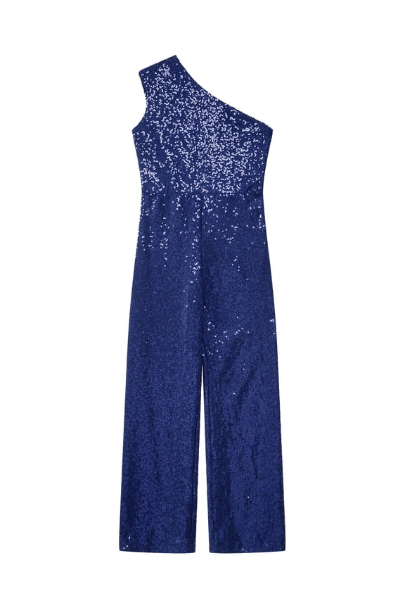 Kids Girls Sparkly Sequin Long Pants Jumpsuit Sleeveless One Shoulder Romper Prom Dance Party Gown Navy Blue 8