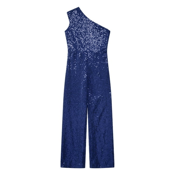 TiaoBug Kids Girls Sparkly Sequin Long Pants Jumpsuit Sleeveless One Shoulder Romper Prom Dance Party Gown Navy Blue 8