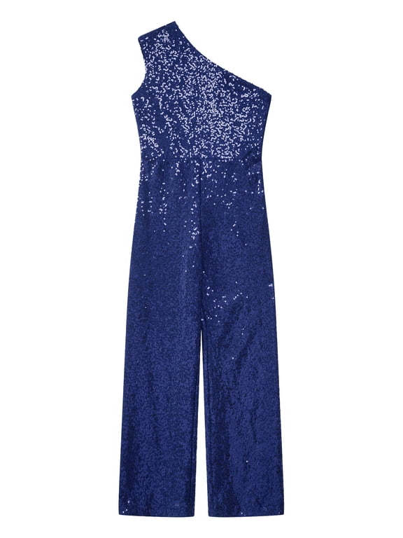 Kids Girls Sparkly Sequin Long Pants Jumpsuit Sleeveless One Shoulder Romper Prom Dance Party Gown Navy Blue 8