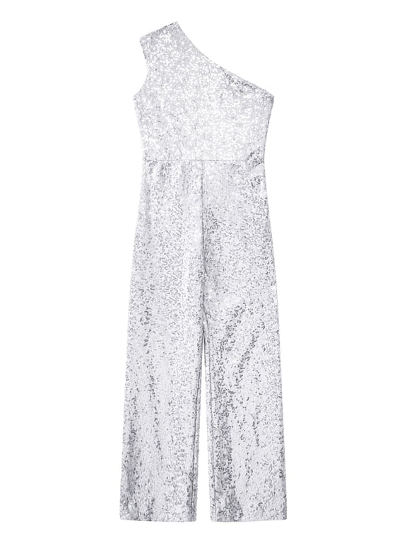 Kids Girls Sparkly Sequin Long Pants Jumpsuit Sleeveless One Shoulder Romper Prom Dance Party Gown Silver 10