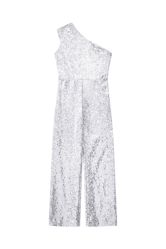 Kids Girls Sparkly Sequin Long Pants Jumpsuit Sleeveless One Shoulder Romper Prom Dance Party Gown Silver 6