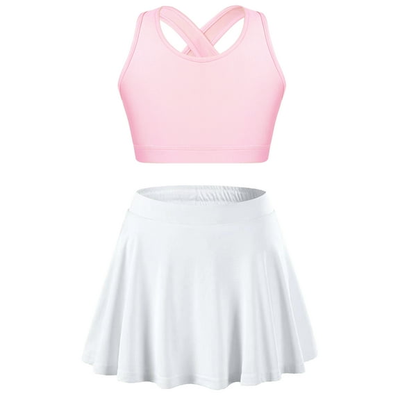 TiaoBug Kids Girls Sports Dance Outfit Ballet Gymnastics Tank Crop Top with Flowy Tennis Skirt Set Dancewear 2 Piece Activewear Pink&White 4