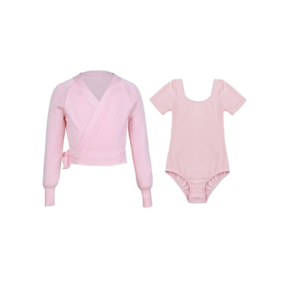 TiaoBug Kids Girls Sports Workout Ballet Dance Costume Short Sleeve Gymnastic Leotard with Tie-up Wrap Cardigan Pink 10
