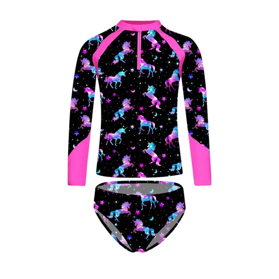 TiaoBug Kids Girls Swimsuit 2 Piece Set Printed Rash Guard Long Sleeve Shirt with Swim Bottoms Night Pegasus 14