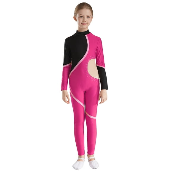 TiaoBug Kids Girls Turtleneck Long Sleeve Full Length Unitard Gymnastics Dance Leotard Skating Bodysuit Hot Pink 8