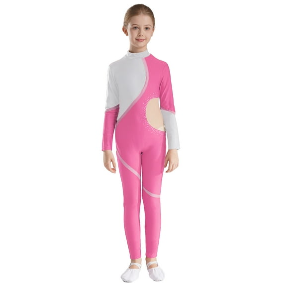 TiaoBug Kids Girls Turtleneck Long Sleeve Full Length Unitard Gymnastics Dance Leotard Skating Bodysuit Pink 14