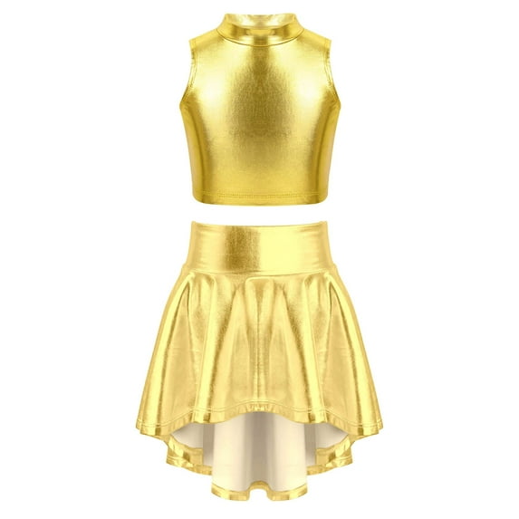 TiaoBug Kids Girls Two Piece Glossy Metallic Dance Costumes Sleeveless Turtleneck Crop Tank Top with Gold 8