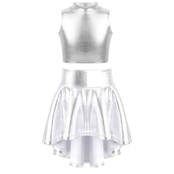 TiaoBug Kids Girls Two Piece Glossy Metallic Dance Costumes Sleeveless Turtleneck Crop Tank Top with Silver 8