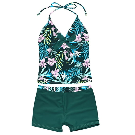 TiaoBug Kids Girls Two Pieces Printed Tankinis Swimsuit Halter Neck Top and Shorts Set Swimwear Dark Green 11-12