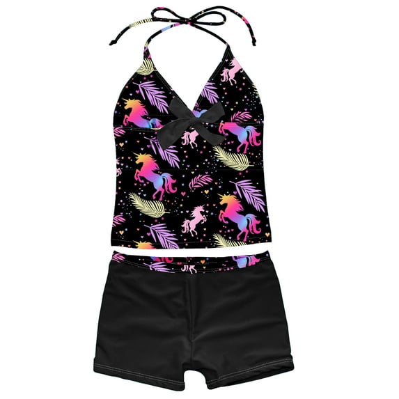 TiaoBug Kids Girls Two Pieces Printed Tankinis Swimsuit Halter Neck Top and Shorts Set Swimwear Leaves Black 9-10