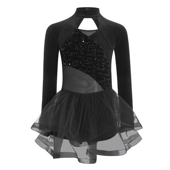 TiaoBug Kids Girls' Velvet Patchwork Competition Wear Figure Ice Skating Dress Dance Skirted Leotard Black 14