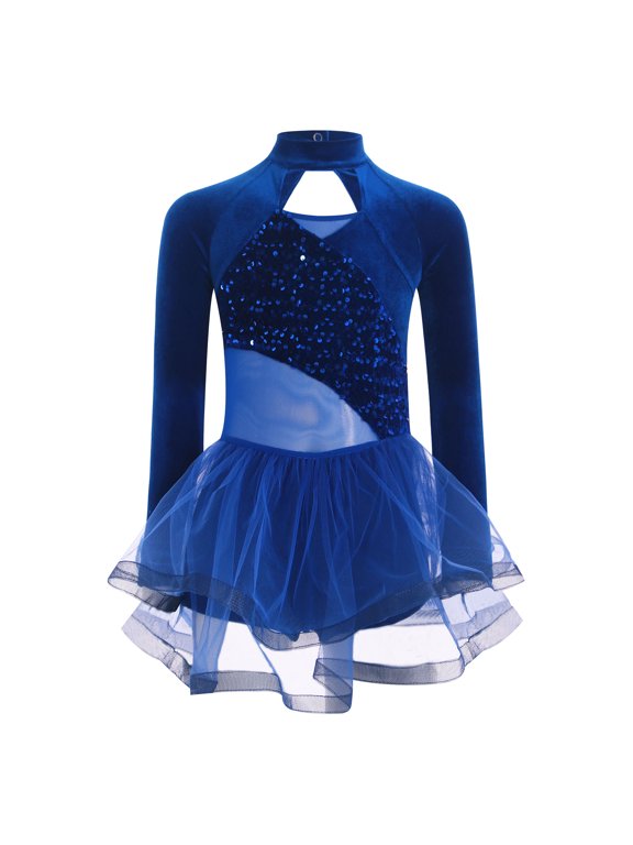 Kids Girls' Velvet Patchwork Competition Wear Figure Ice Skating Dress Dance Skirted Leotard Blue 12