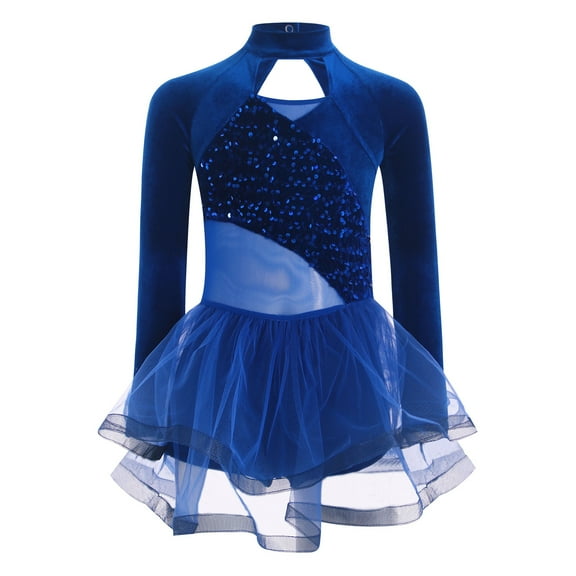 TiaoBug Kids Girls' Velvet Patchwork Competition Wear Figure Ice Skating Dress Dance Skirted Leotard Blue 8