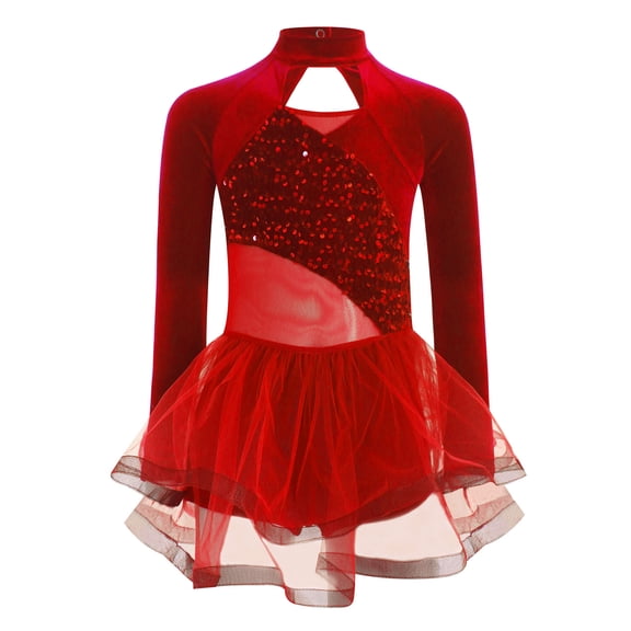 TiaoBug Kids Girls' Velvet Patchwork Competition Wear Figure Ice Skating Dress Dance Skirted Leotard Red 14