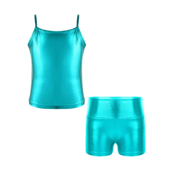 TiaoBug Kids Girls Yoga Workout Outfit Shiny Metallic Camisole Top with Shorts Gymnastic Dance Costume Blue Green 14