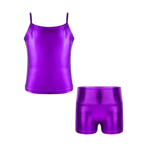 TiaoBug Kids Girls Yoga Workout Outfit Shiny Metallic Camisole Top with Shorts Gymnastic Dance Costume Purple 14