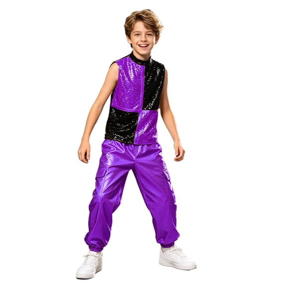 TiaoBug Kids Hip Hop Street Dance Outfit 2Pcs Sleeveless Sequin Color Block Zip Jacket with Metallic Jogger Pants Purple 10
