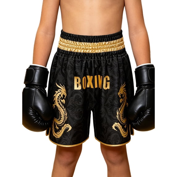 TiaoBug Kids Muay Thai Boxing Shorts with Gold Dragon Print Elastic Waist Fight Shorts for Training Competition Black 12