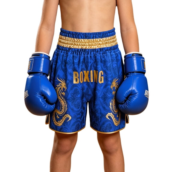 TiaoBug Kids Muay Thai Boxing Shorts with Gold Dragon Print Elastic Waist Fight Shorts for Training Competition Blue 14