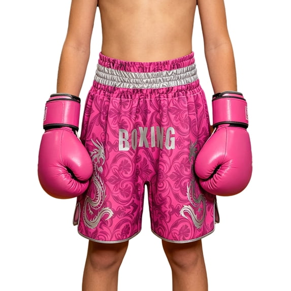 TiaoBug Kids Muay Thai Boxing Shorts with Gold Dragon Print Elastic Waist Fight Shorts for Training Competition Hot Pink 8