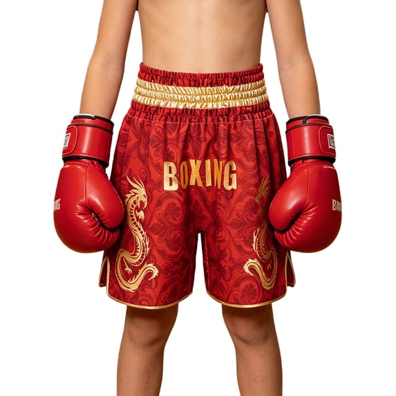 TiaoBug Kids Muay Thai Boxing Shorts with Gold Dragon Print Elastic Waist Fight Shorts for Training Competition Red 12