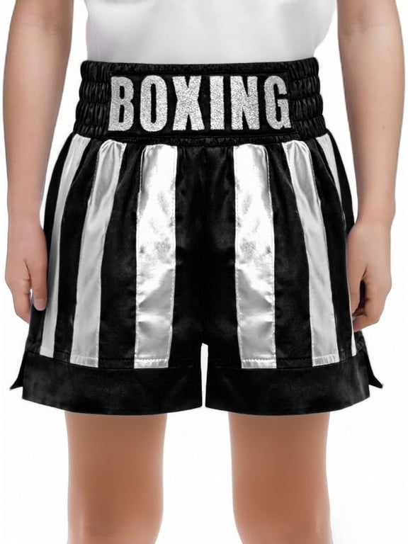 Kids Muay Thai Shorts Boys Girls Boxing Training Bottoms Shiny Metallic MMA Shorts Black Silver 6