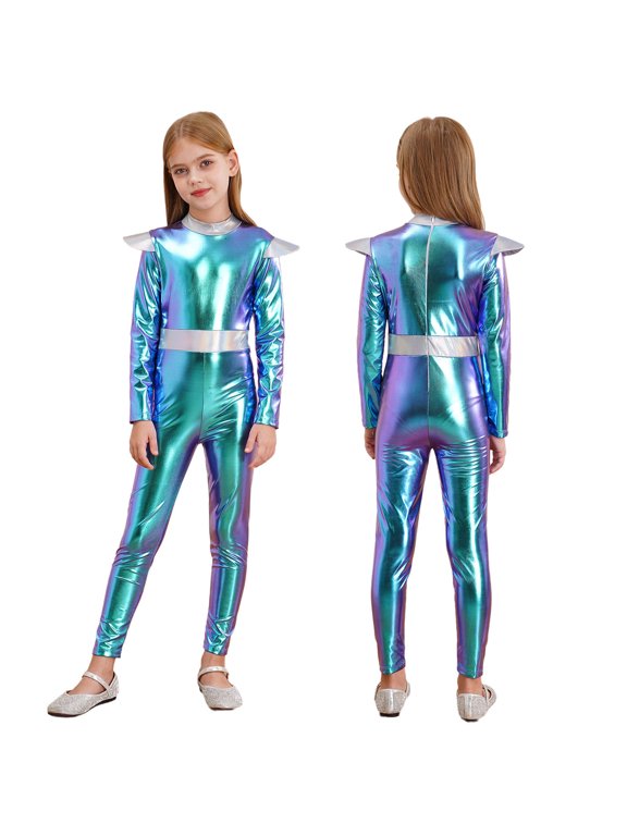 Kids Shiny Metallic Alien Bodysuit for Boys Girls Halloween Long Sleeve Back Zipper Jumpsuit Blue 12